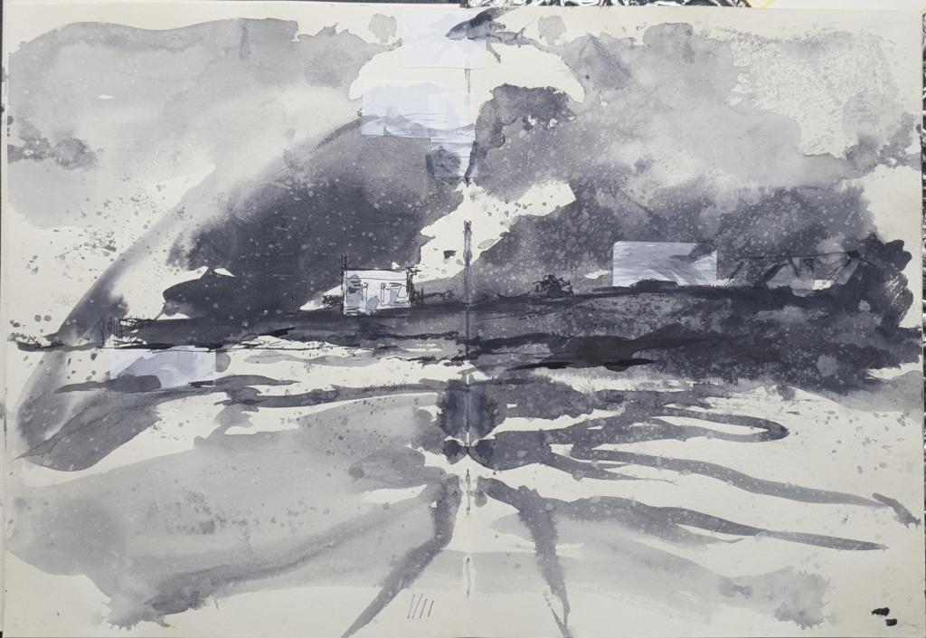 Partly rescued Rorsach sketch, of the nuclear power station from Middleton Sands, on a blowy June day, 2024